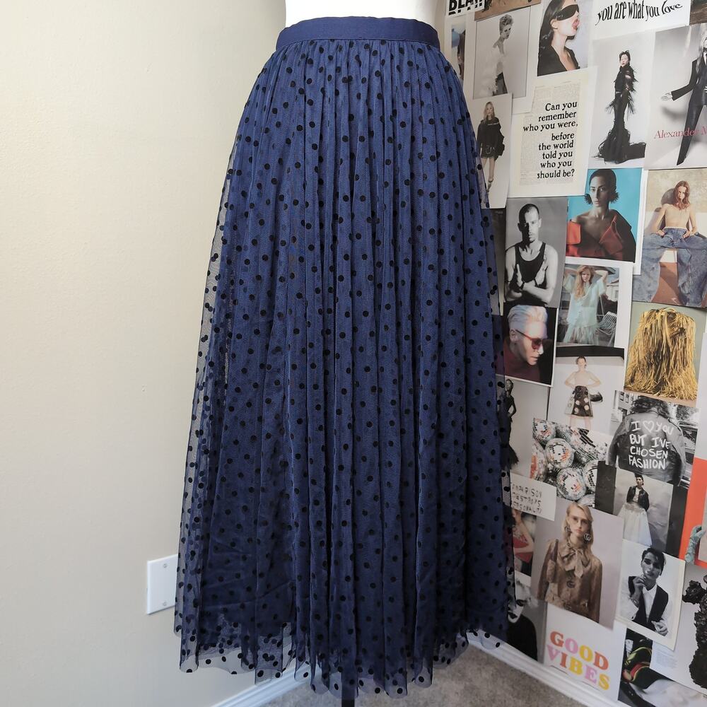 Navy Polka Dot Pleated Mesh Skirt Girly